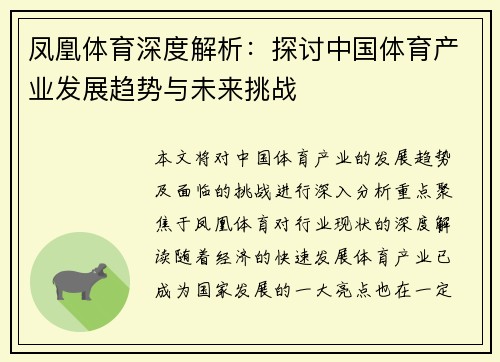 凤凰体育深度解析：探讨中国体育产业发展趋势与未来挑战